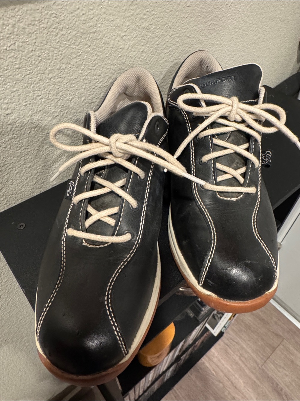 Rockport Black Leather Lace-Up Sneakers with Cream Laces